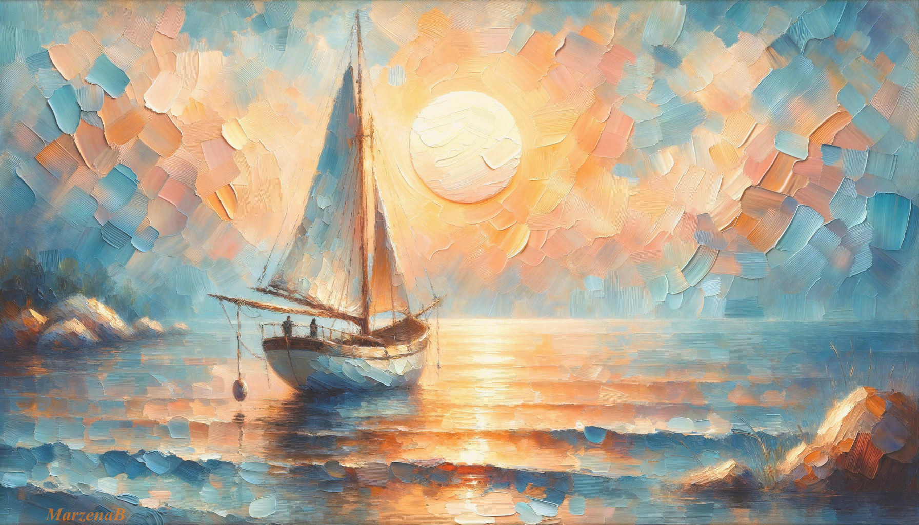 Serene Seascape with Sailboat at Sunset