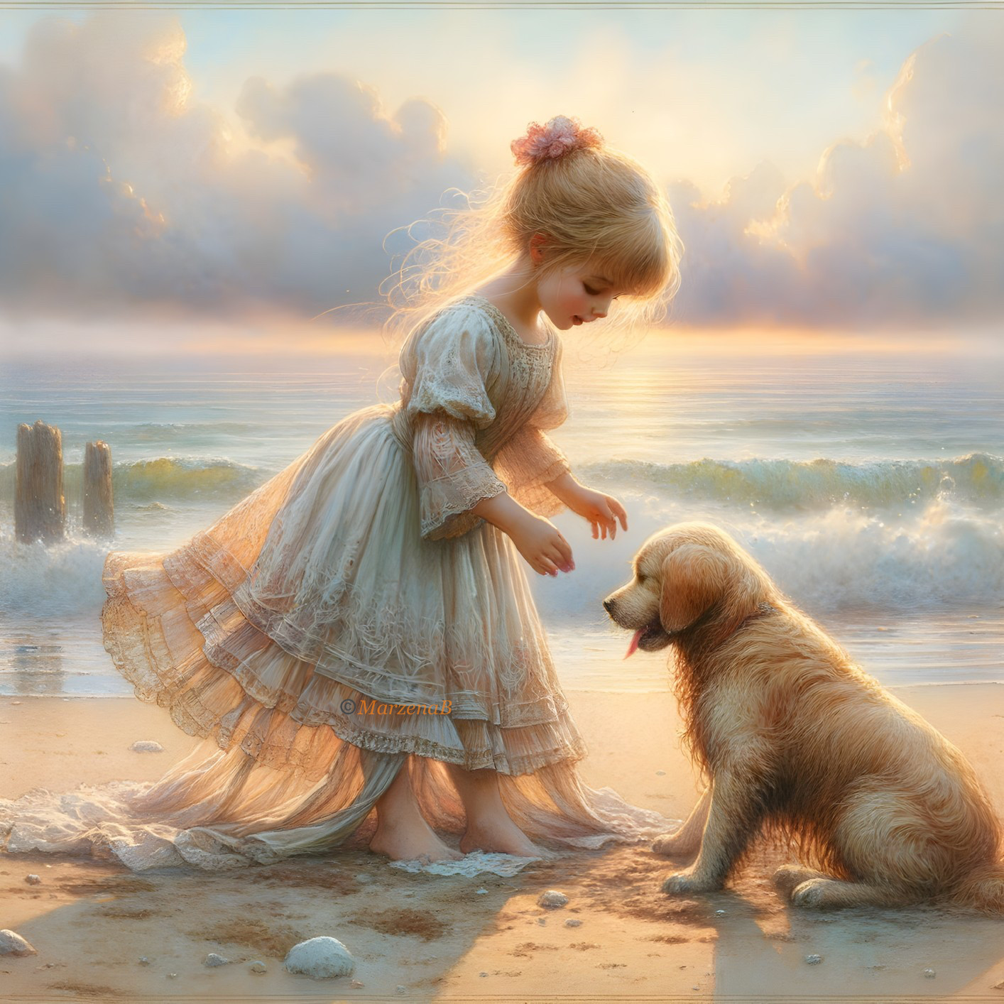 Serene Beach Scene with Girl and Golden Retriever