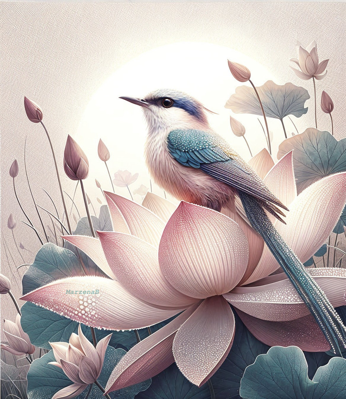Bird on Pink Lotus Flower in Ethereal Light
