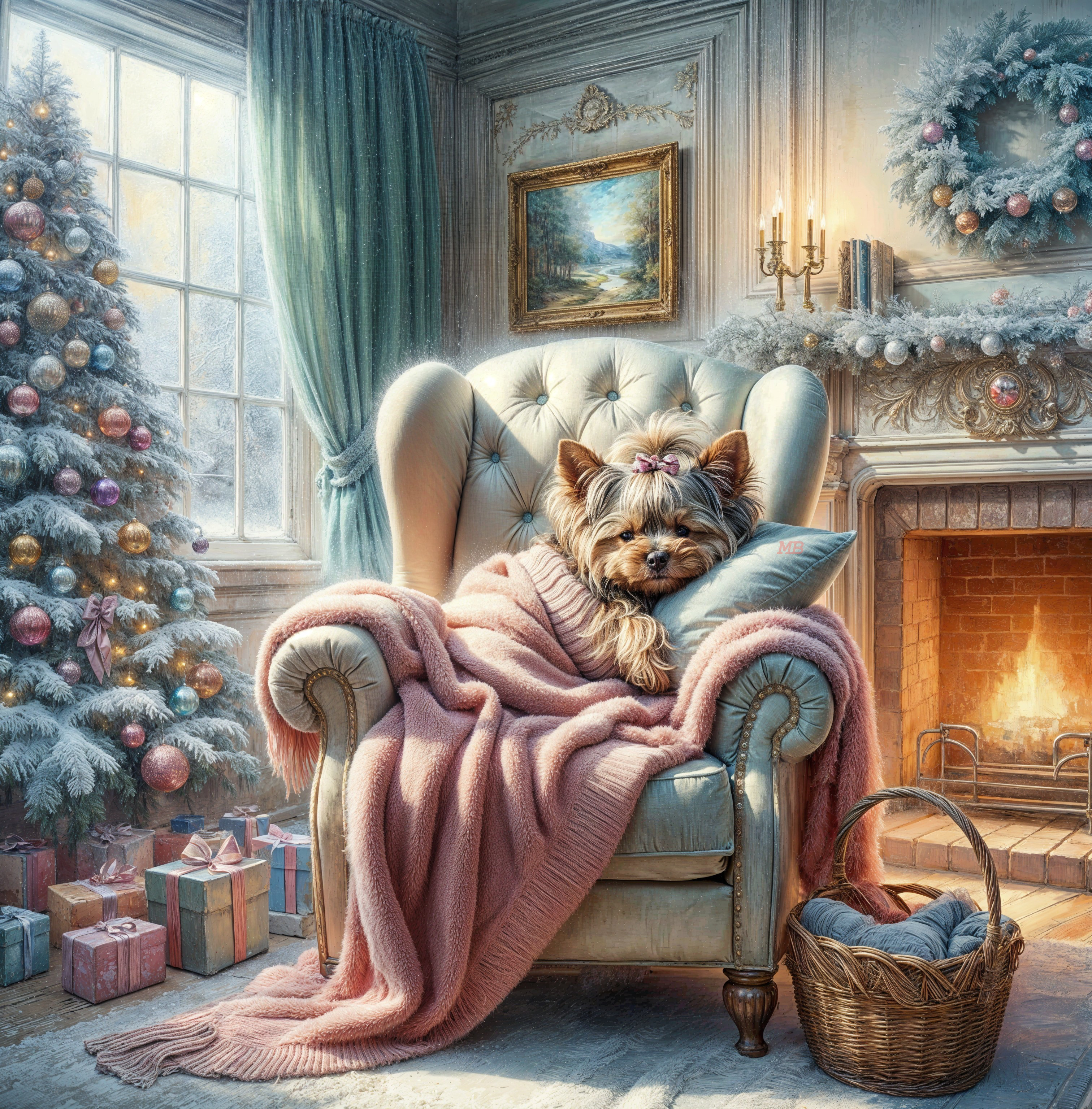 Cozy Holiday Living Room with Yorkshire Terrier and Tree