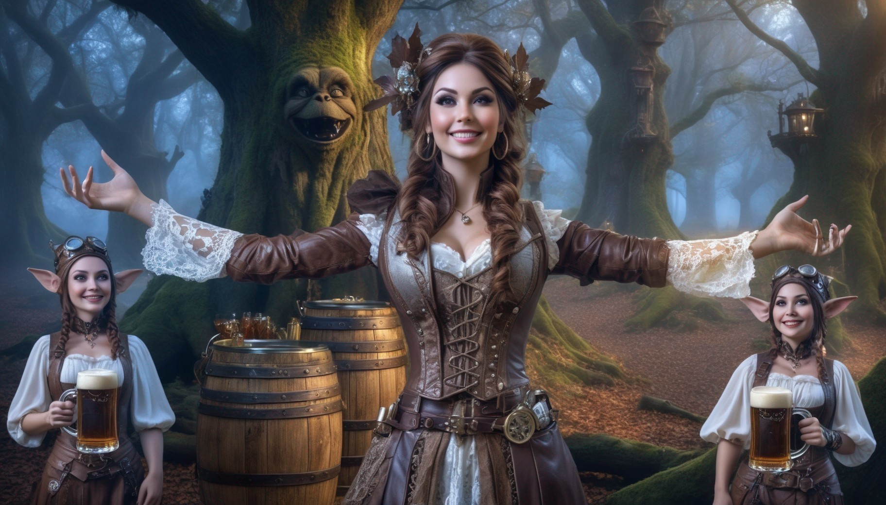 Confident Woman Welcomes Visitors in Mystical Forest