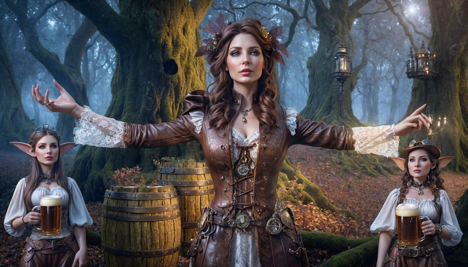 Mystical forest scene with confident woman and elves