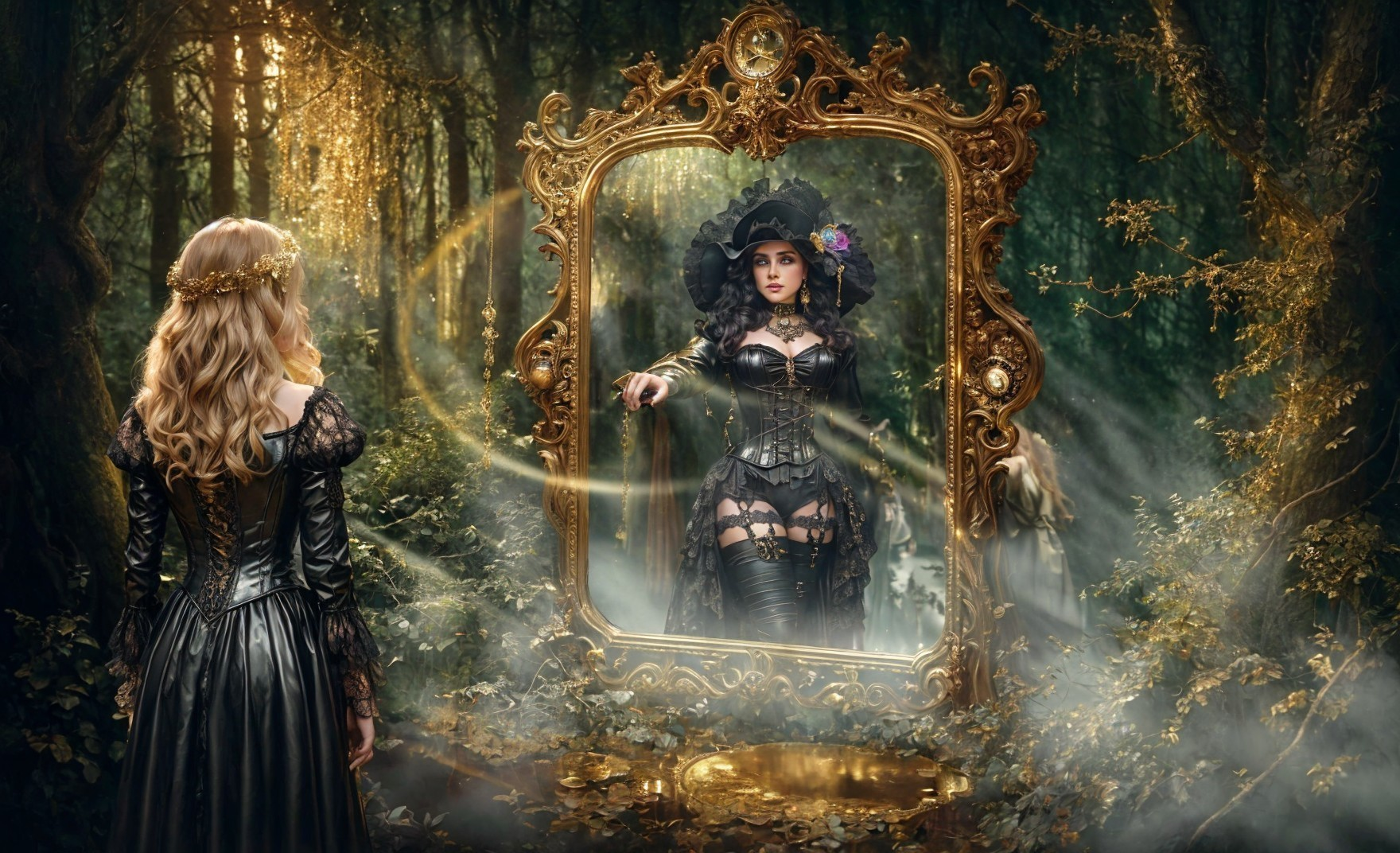 Golden Mirror Reflection in Mystical Forest Scene