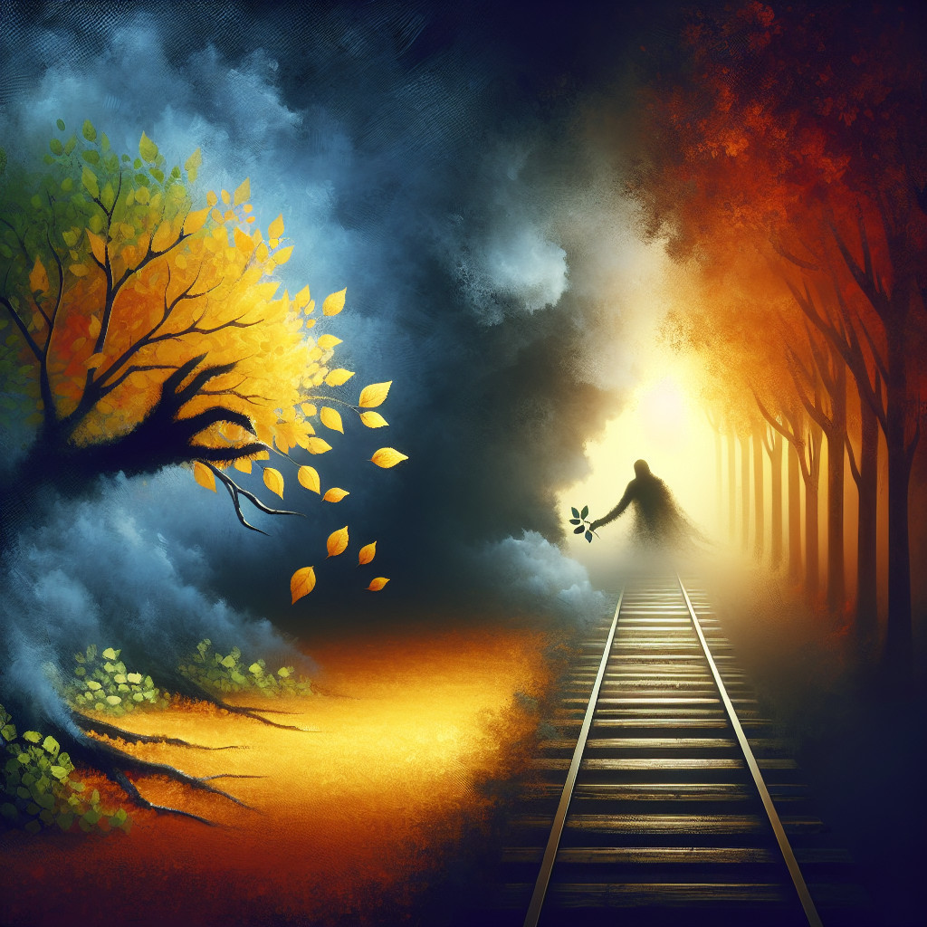Surreal Autumn Landscape with Ghostly Figure and Tracks