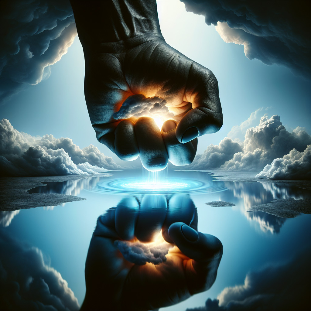 Colossal Hand in Vibrant Sky Over Tranquil Water