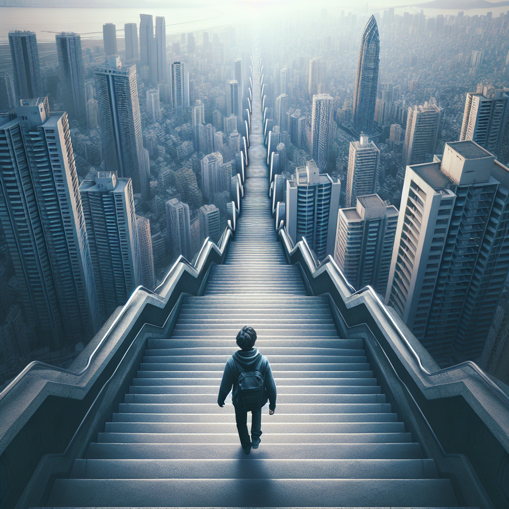 Futuristic Cityscape with Intricate Staircase Descent