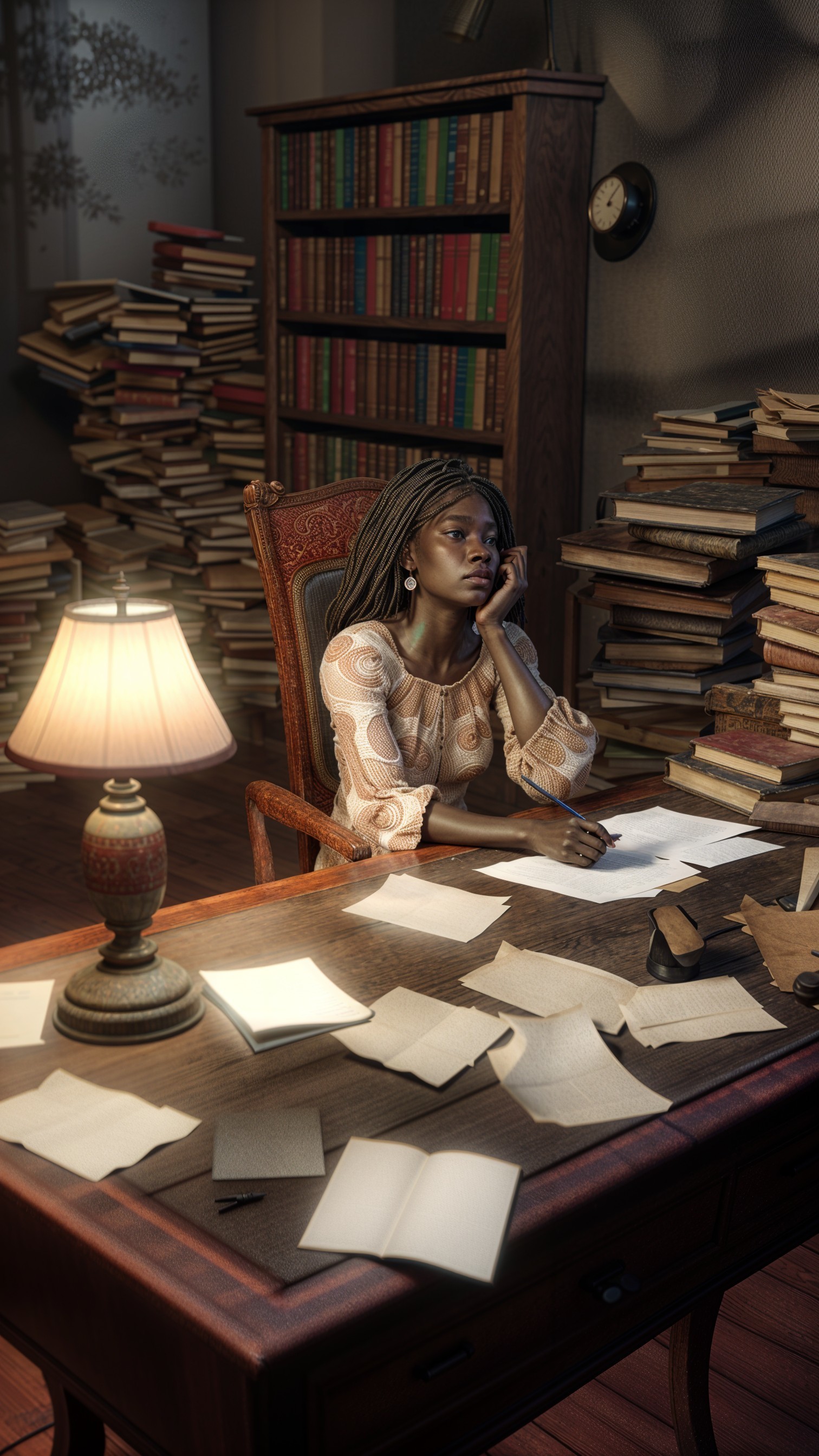 Cozy Study with Young Woman and Towering Bookshelves