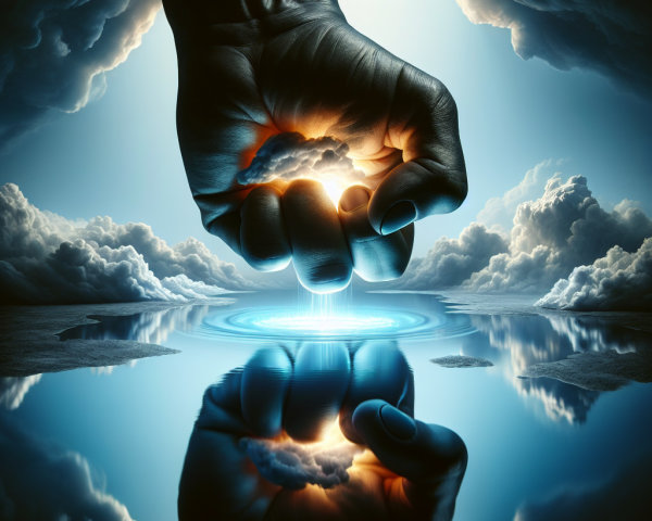 Colossal Hand in Vibrant Sky Over Tranquil Water