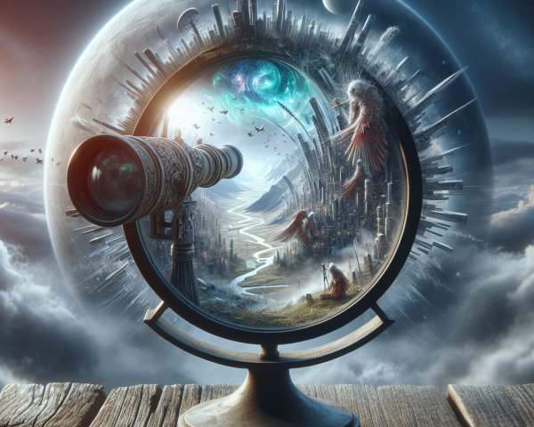 Telescope on Wooden Base with Cosmic and Fantasy Elements