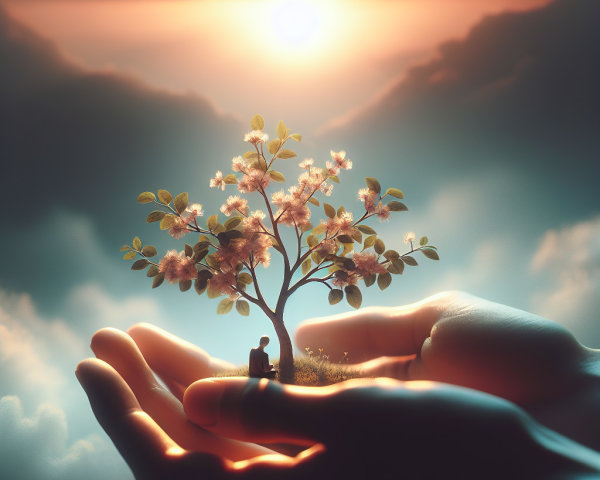 Surreal Scene of Hands Cradling a Blossom Tree