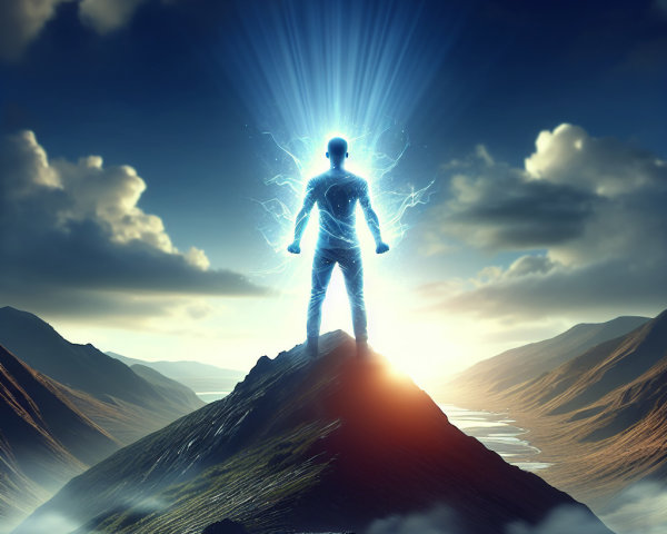 Silhouetted figure on mountain peak with radiant light