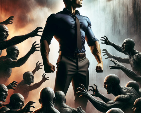 Man in Blue Shirt Faces Shadowy Figures in Struggle