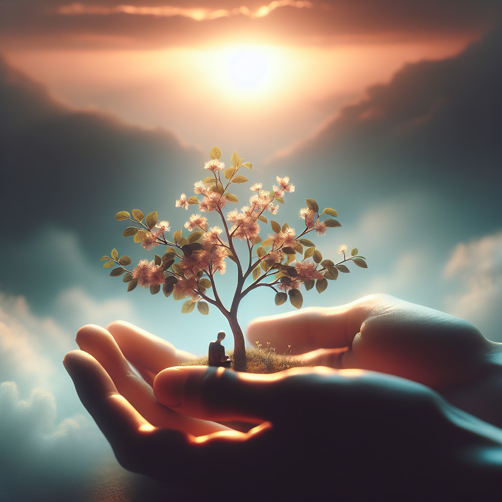 Surreal Scene of Hands Cradling a Blossom Tree