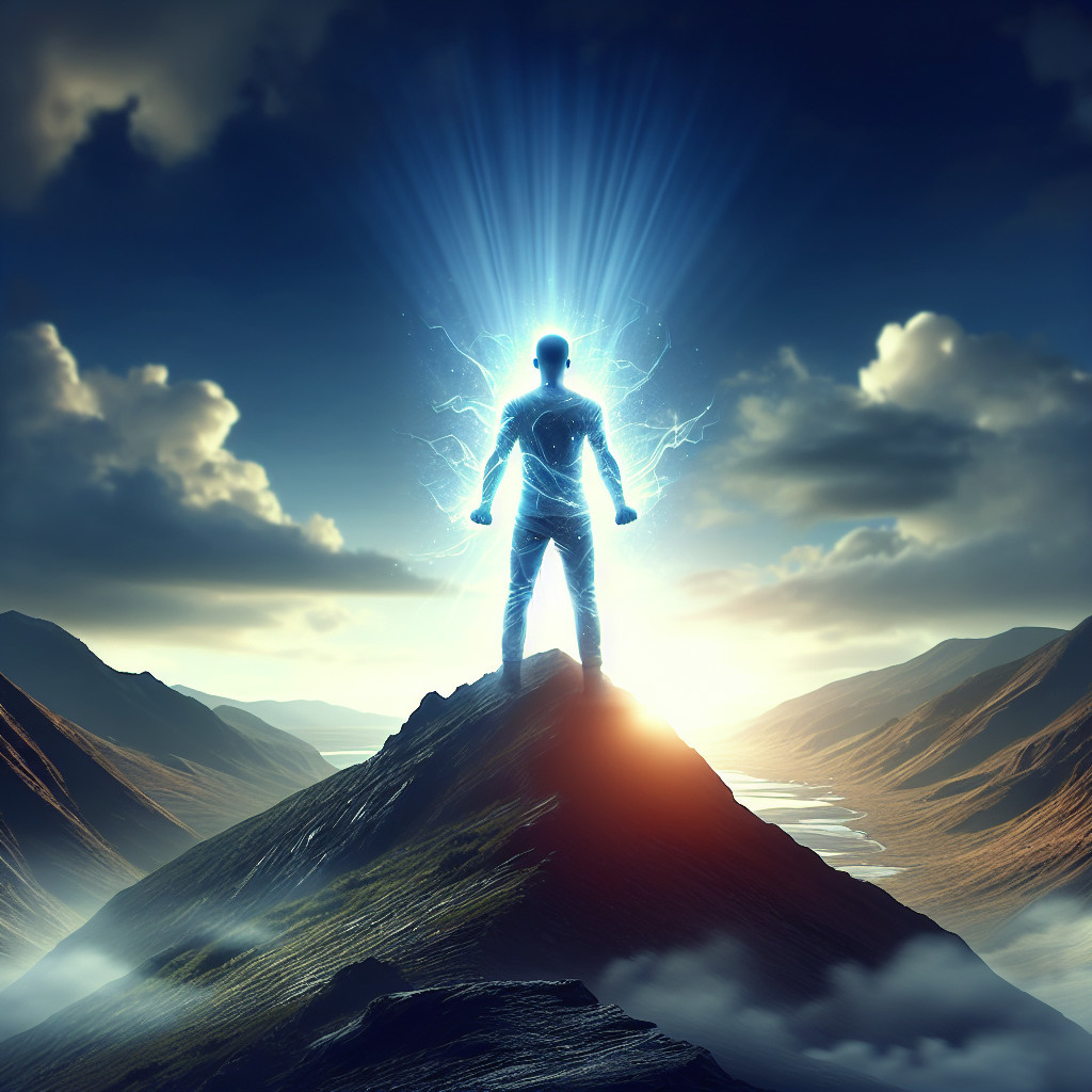 Silhouetted figure on mountain peak with radiant light