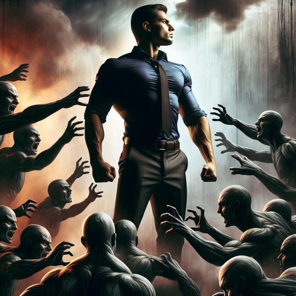 Man in Blue Shirt Faces Shadowy Figures in Struggle