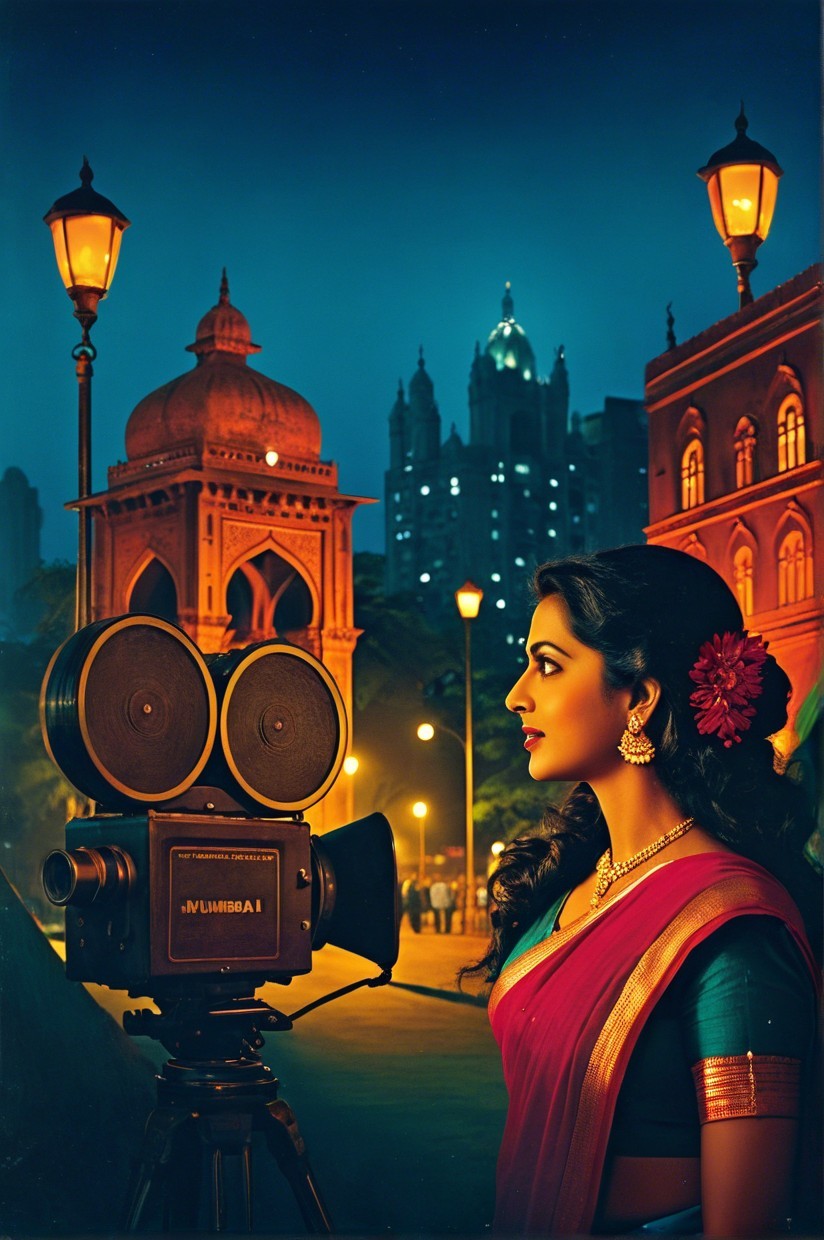 Woman in Traditional Saree by Vintage Movie Camera