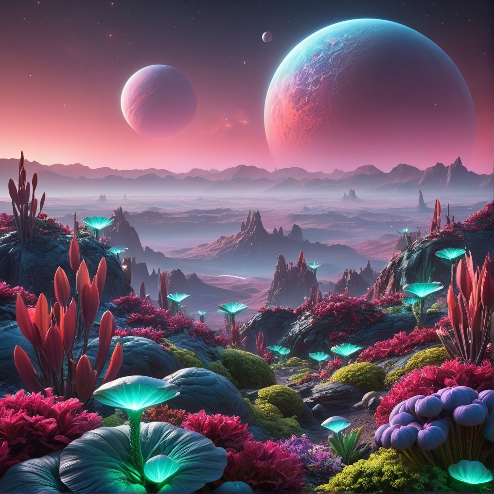 Vibrant Alien Landscape Under Twilight Sky