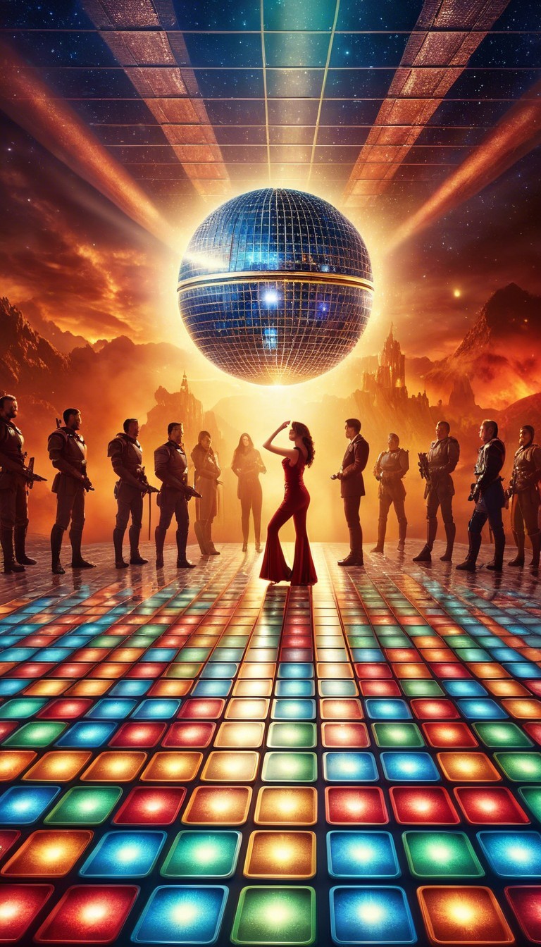 Futuristic dance floor with colorful tiles and disco ball