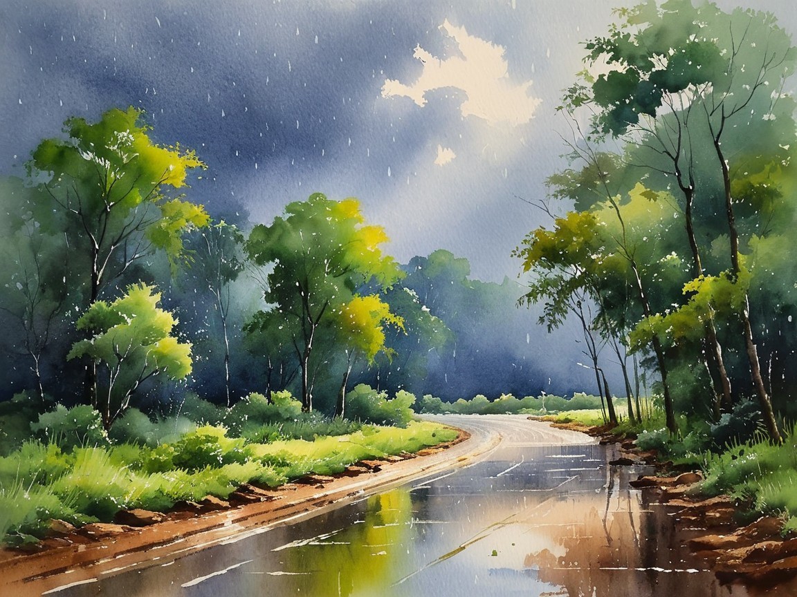 Tranquil Landscape with Winding Road and Rainfall