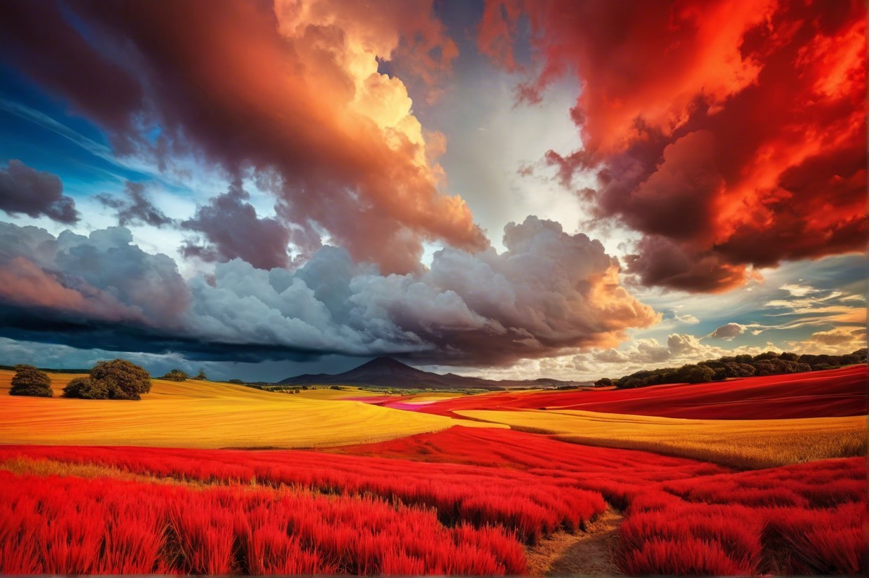 Vibrant Landscape with Colorful Fields and Dramatic Sky