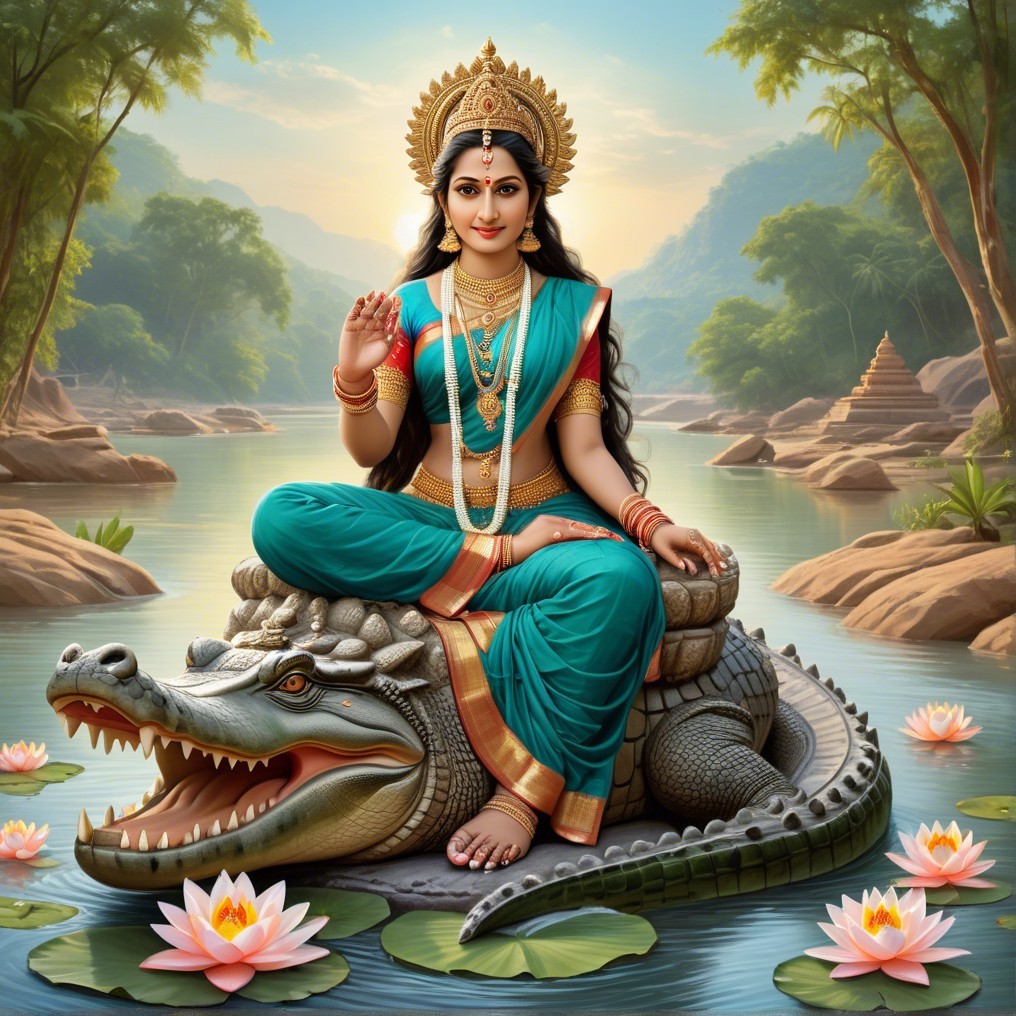 Goddess on Crocodile in Tranquil River Scene