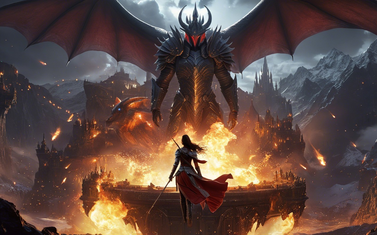 Armored Figure with Wings Over Fiery Landscape