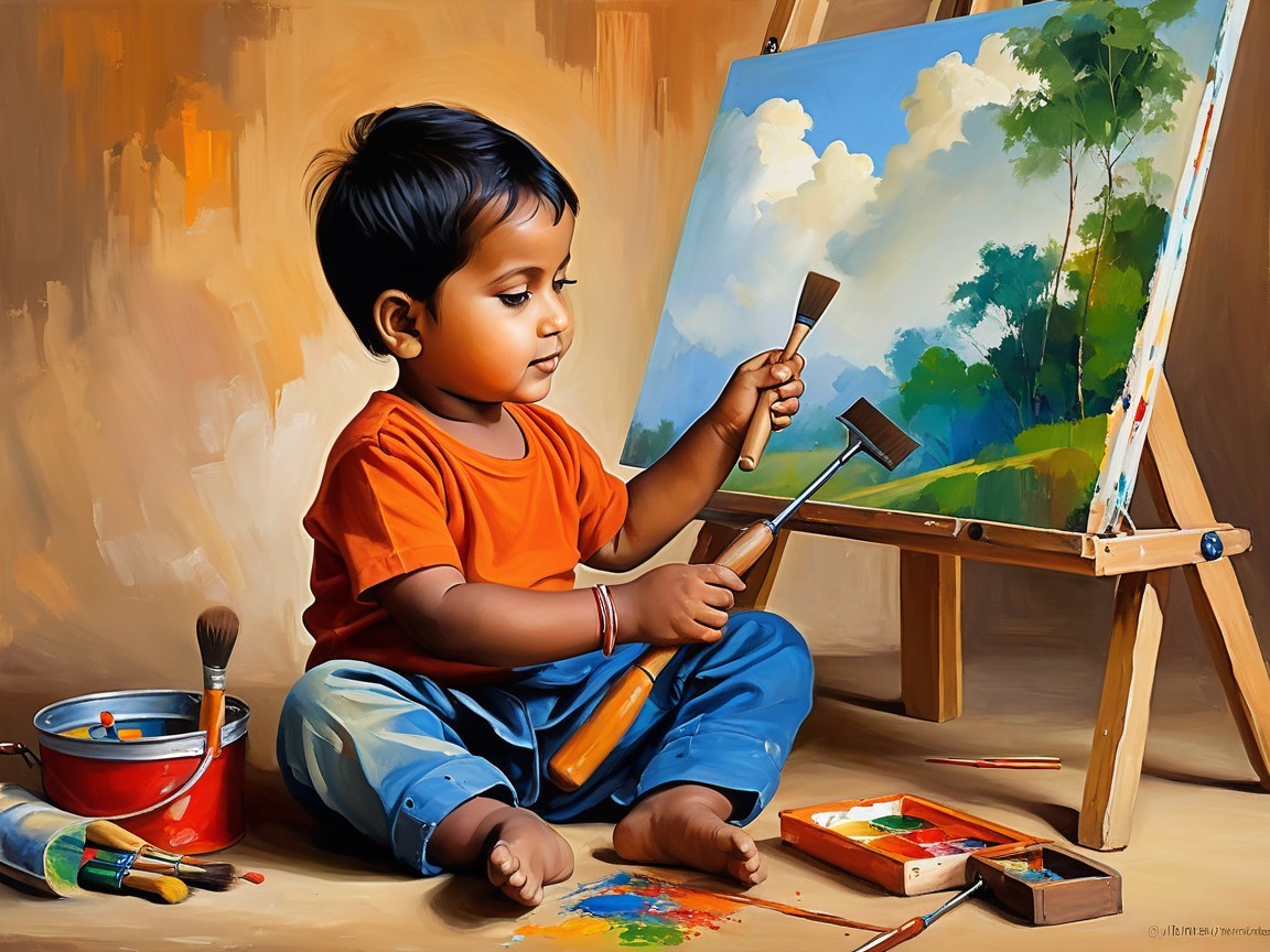 Child Painting a Colorful Landscape on the Floor