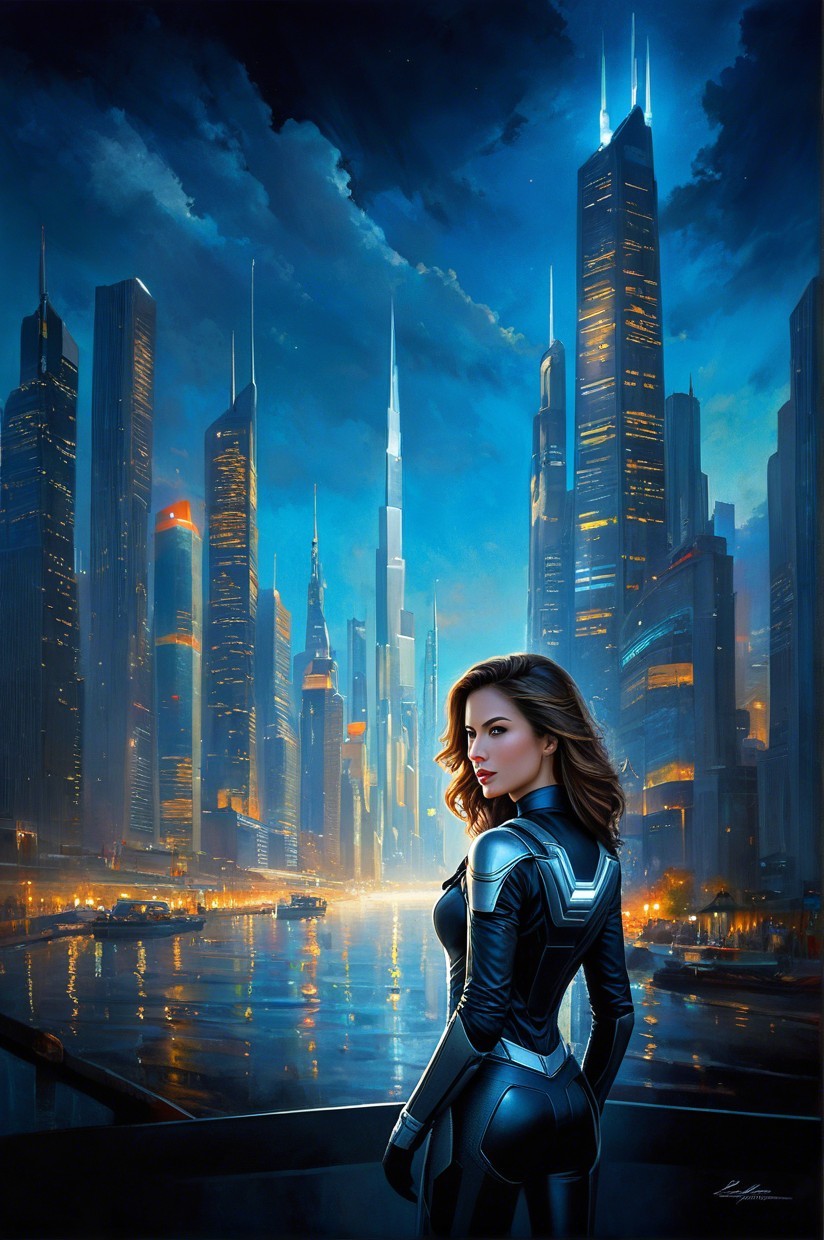 Futuristic cityscape with a figure in a high-tech suit