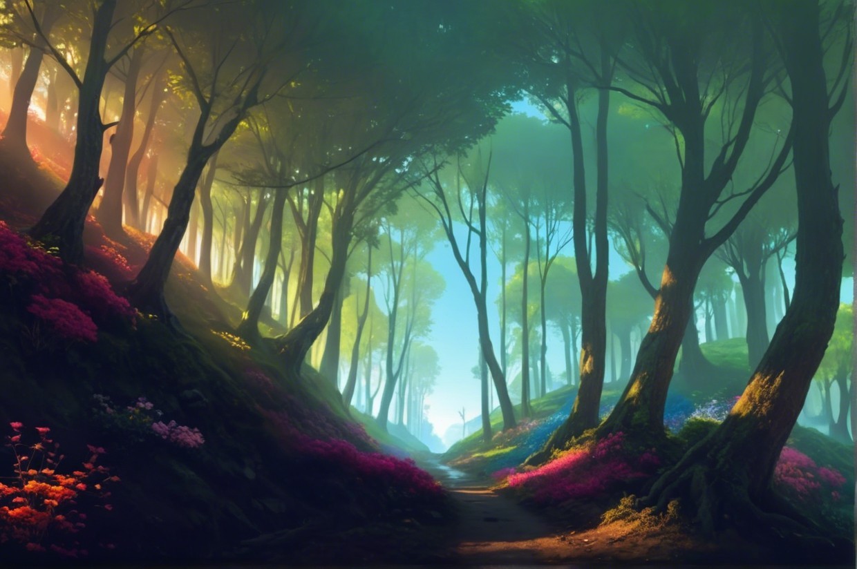 Serene Forest Path with Lush Trees and Wildflowers