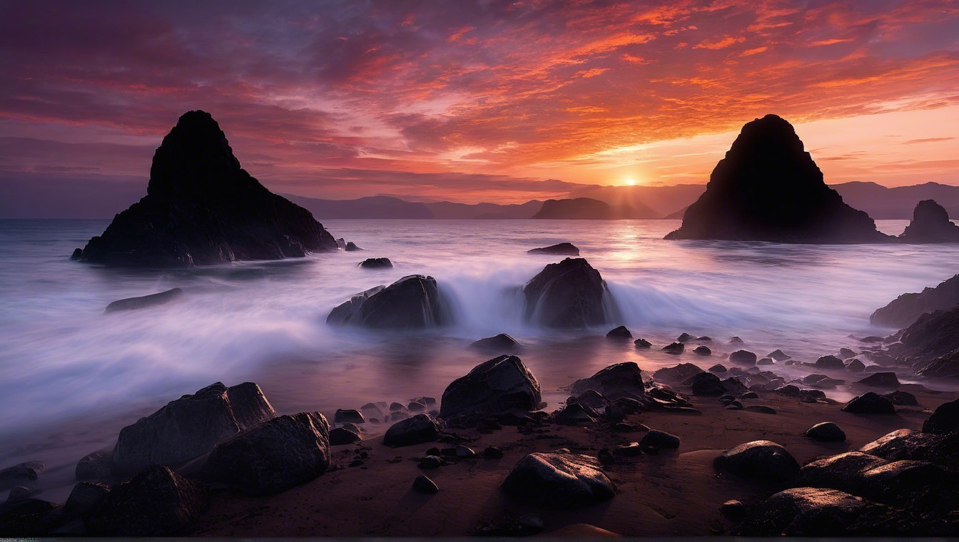 Serene Coastal Landscape at Sunset with Rocky Formations