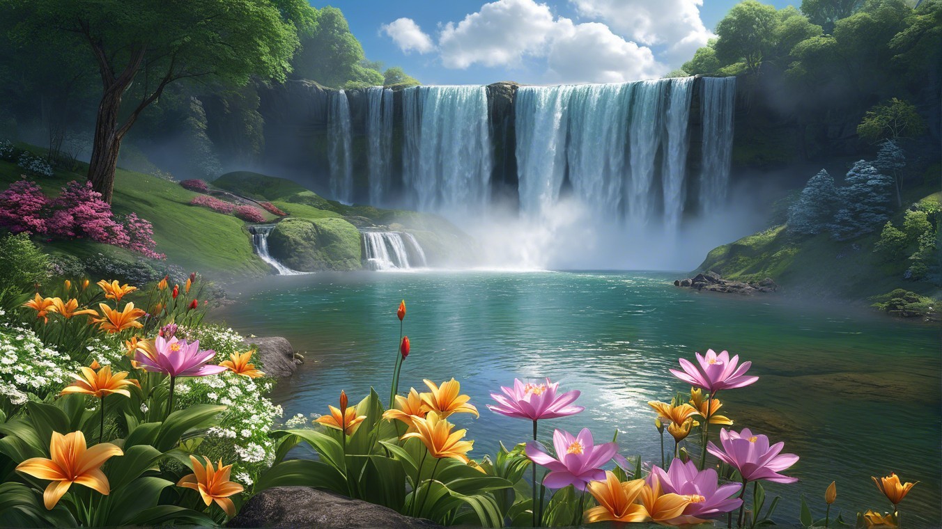 Majestic Waterfall Cascading into Turquoise Lake