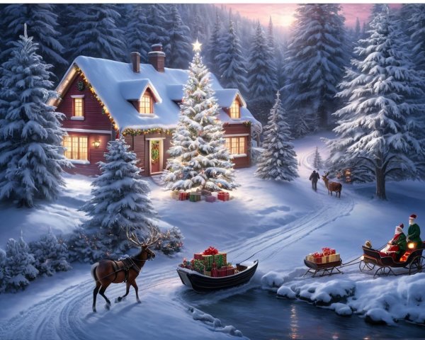 Digital painting of a snowy winter scene with a house