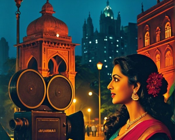 Woman in Traditional Saree by Vintage Movie Camera