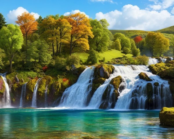 Vibrant Waterfall in Autumn Landscape with Rolling Hills
