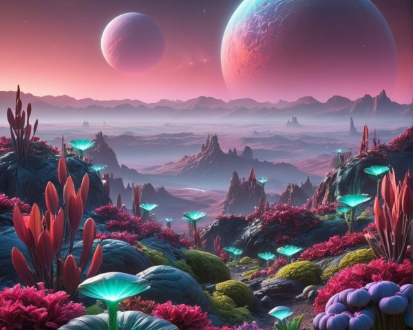 Vibrant Alien Landscape Under Twilight Sky