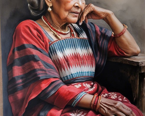Elderly woman in traditional attire with silver hair