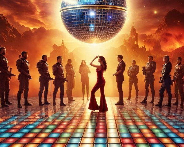 Futuristic dance floor with colorful tiles and disco ball