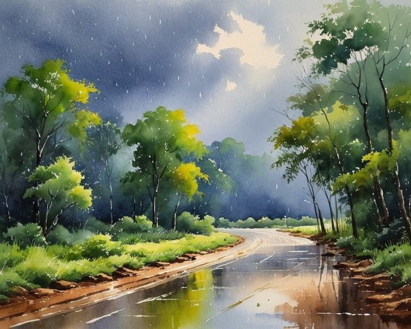 Tranquil Landscape with Winding Road and Rainfall