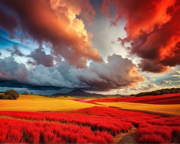 Vibrant Landscape with Colorful Fields and Dramatic Sky