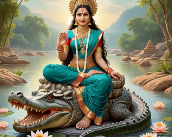 Goddess on Crocodile in Tranquil River Scene