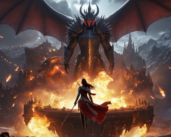 Armored Figure with Wings Over Fiery Landscape