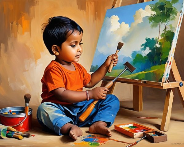 Child Painting a Colorful Landscape on the Floor