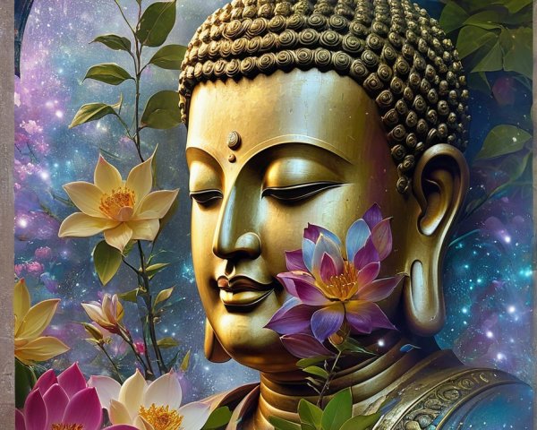 Golden Buddha Statue with Lotus Flowers and Cosmic Background