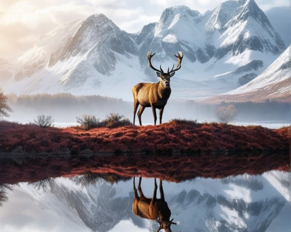 Majestic stag by tranquil lake with snow-capped mountains