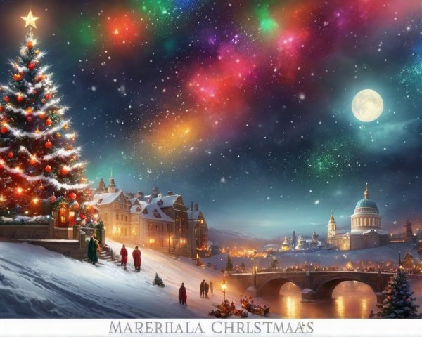 Christmas Night Scene with Tree, Snow, and Moonlight