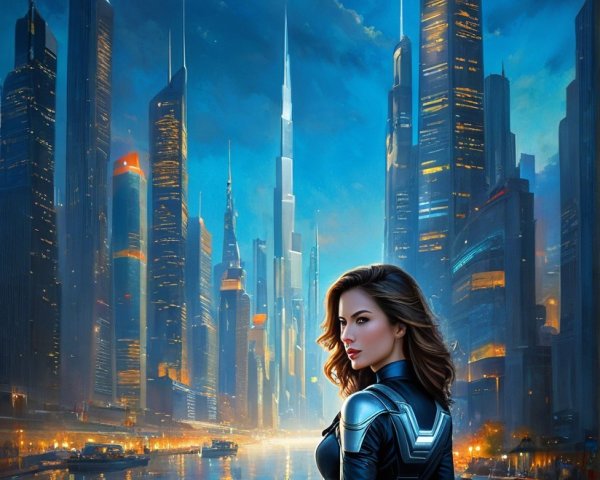 Futuristic cityscape with a figure in a high-tech suit