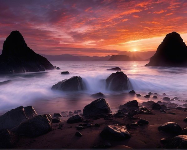 Serene Coastal Landscape at Sunset with Rocky Formations
