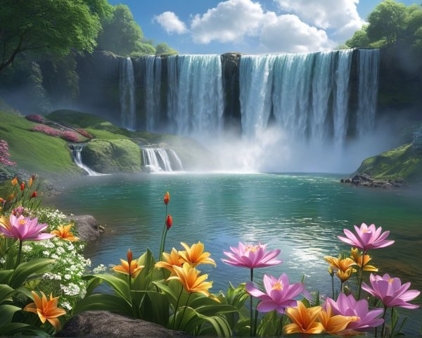 Majestic Waterfall Cascading into Turquoise Lake