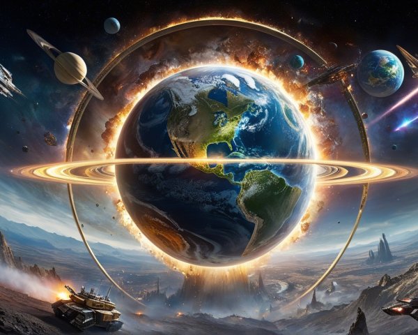 Cosmic Scene with Earth and Vibrant Celestial Bodies