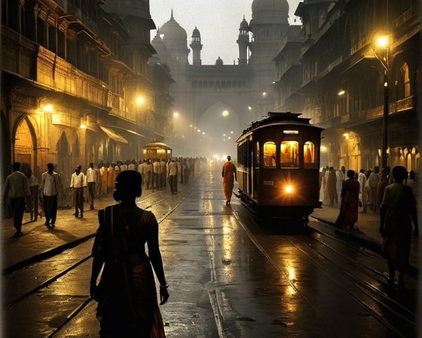 Misty Evening in Bombay with Vintage Trams and Colonial Buildings